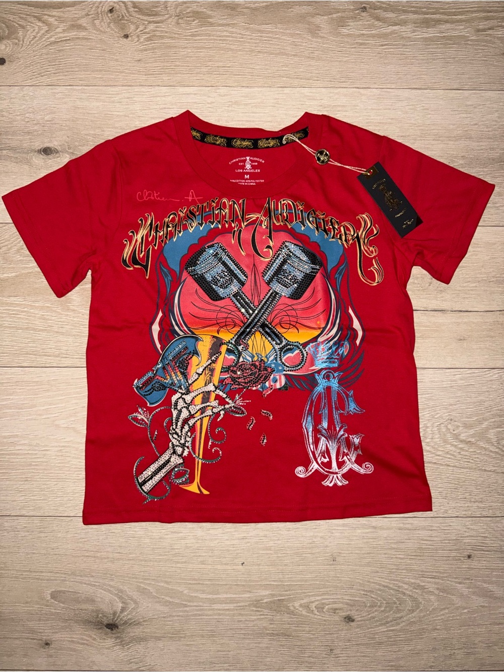Christian Audigier Piston & Skull Rhinestone Red Baby Shirt